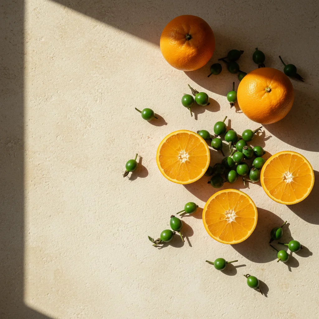 Verse citrusvruchten, rozenbottels en groene bladeren op een lichte stenen keukentafel