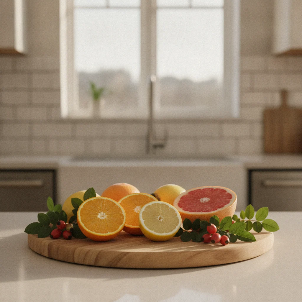 Verse sinaasappelschijfjes en rozenbottels op een houten snijplank in een lichte keuken