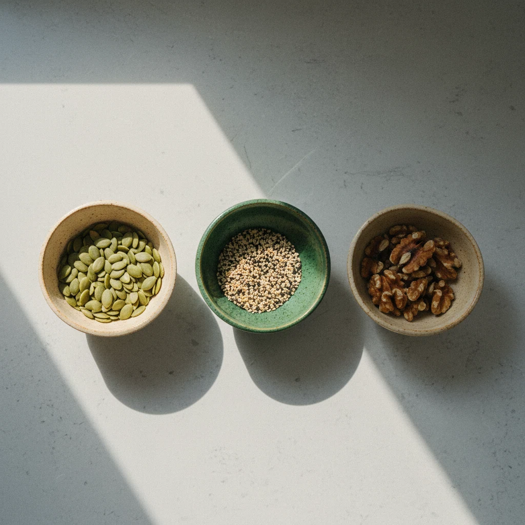 Keramische kommen met pompoenpitten, sesamzaad en walnoten op een lichte keukenplank