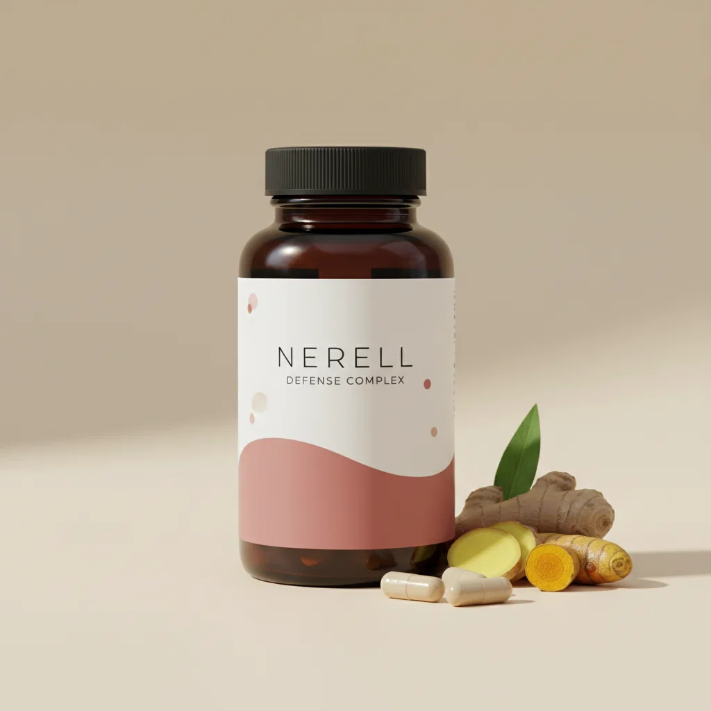 Nerell Defense Complex witte apotheekfles met capsules en citroenvruchten op lichte ondergrond